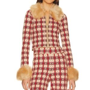 Geometric Patterned Jacket with Faux Fur Trim
